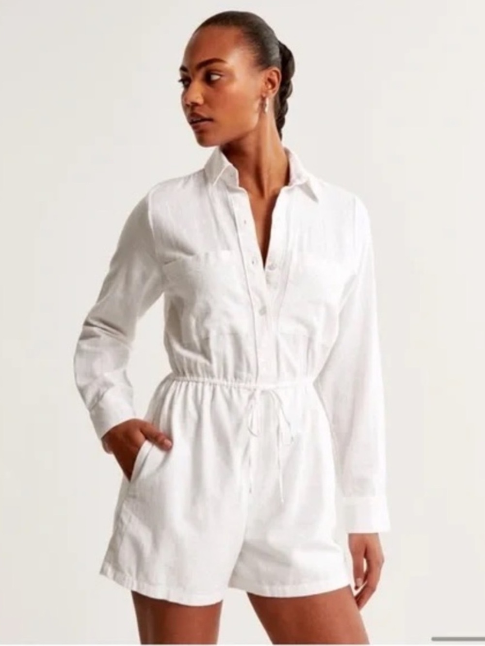 NWOT Abercrombie & Fitch Linen-Blend Tie Waist Romper - White, XS Tall